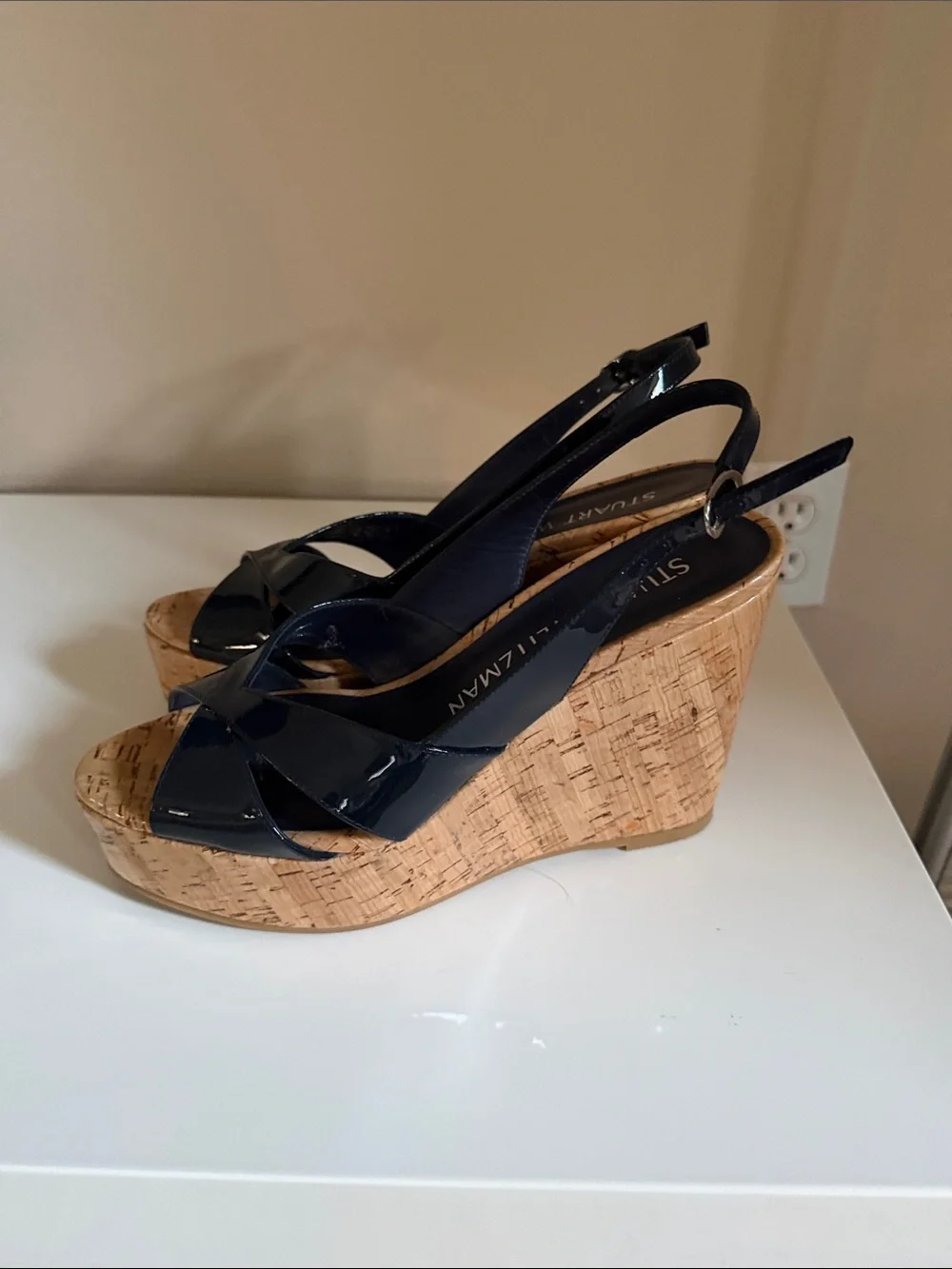 Stuart Weitzman Carmen Patent Cork Wedge  in navy - Picture 4 of 7